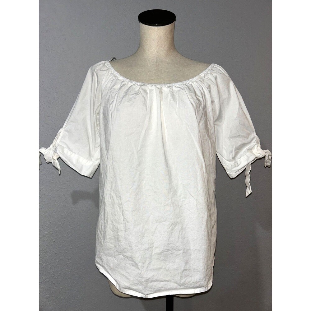 For Cynthtia Womens NWT Peasant Blouse Top size L White Cotton Poplin Tie Sleeve